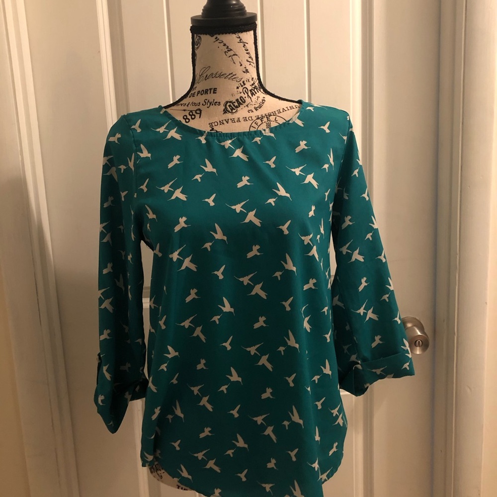 Teal bird blouse